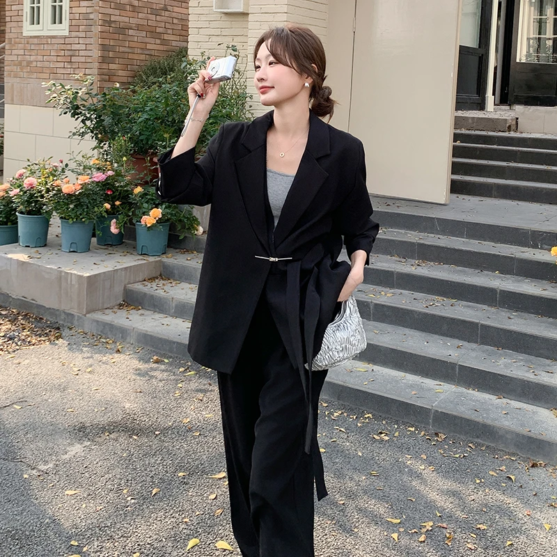 设计感黑色西装套装女2025年春秋新款系带西服上衣阔腿长裤两件套