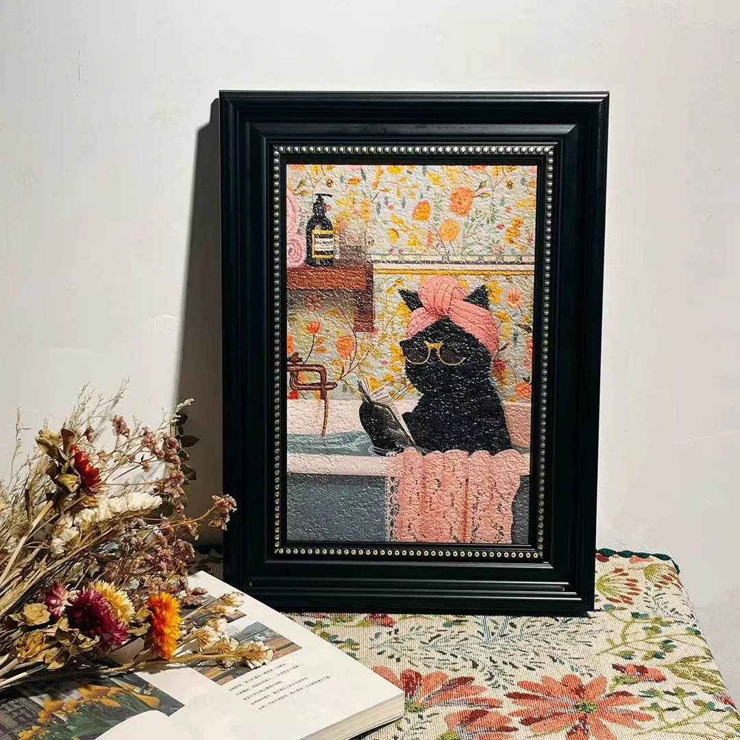 富婆猫咪卡通装饰画复古文艺风小众高级感客厅挂画134