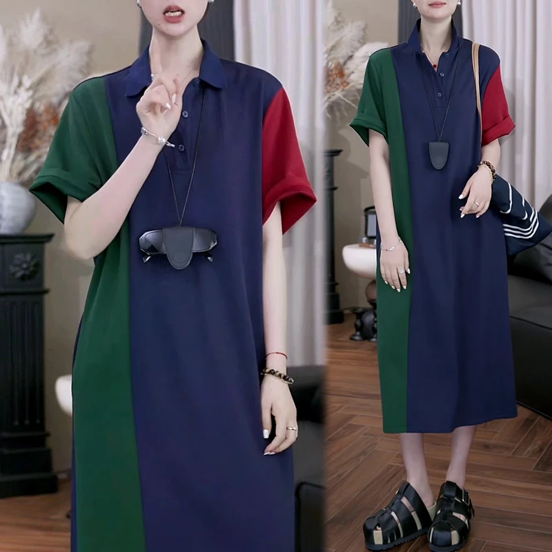 简约休闲宽松舒适拼色连衣裙女2025夏季新款显瘦直筒翻领中长裙子