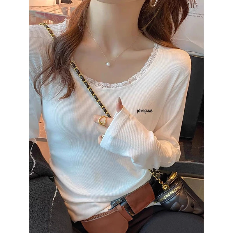 洋气领口蕾丝设计感上衣长袖t恤女时尚百搭圆领打底衫2025春秋季