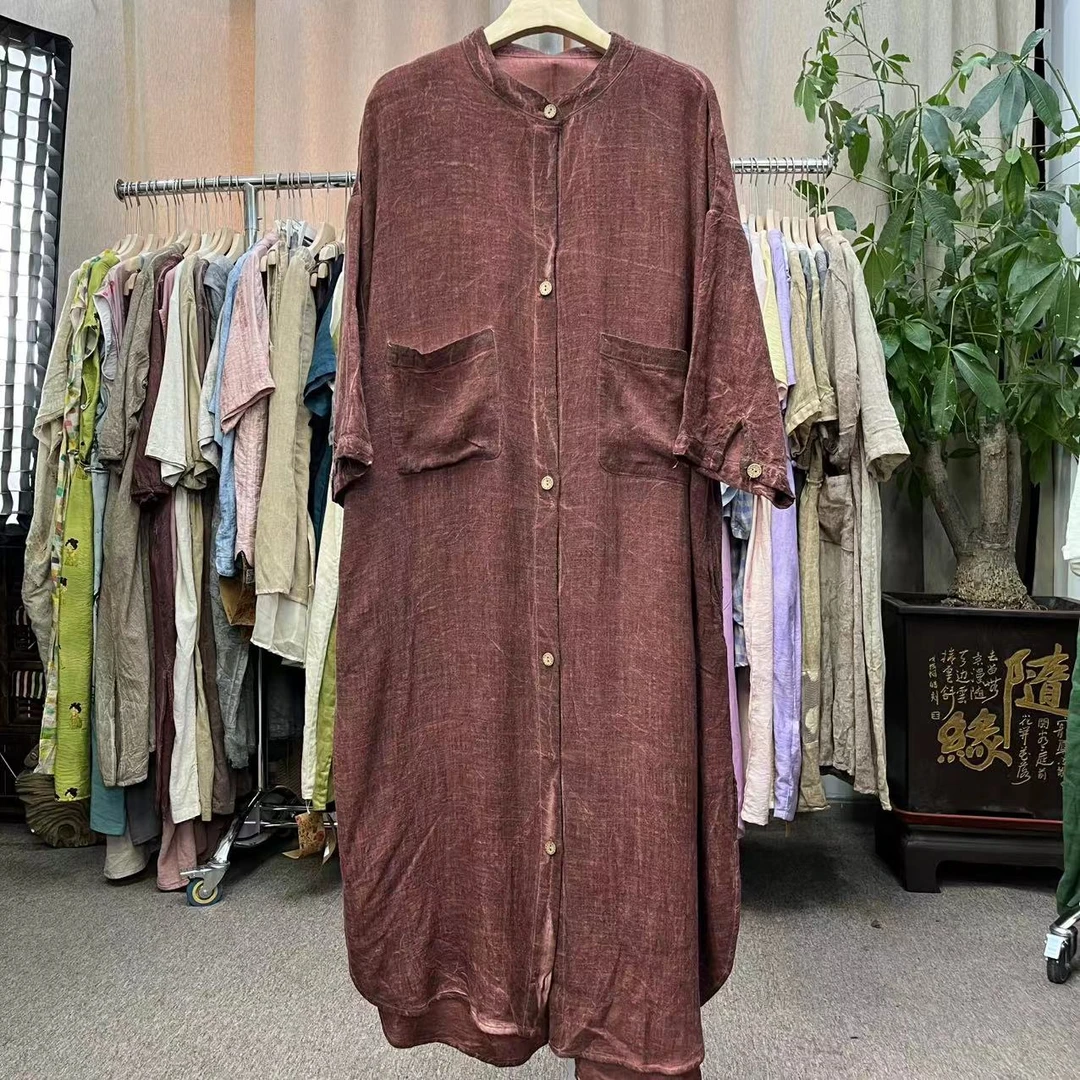 花璟与麻原创设计做旧立领口袋外套袍裙（衣长120胸围130）