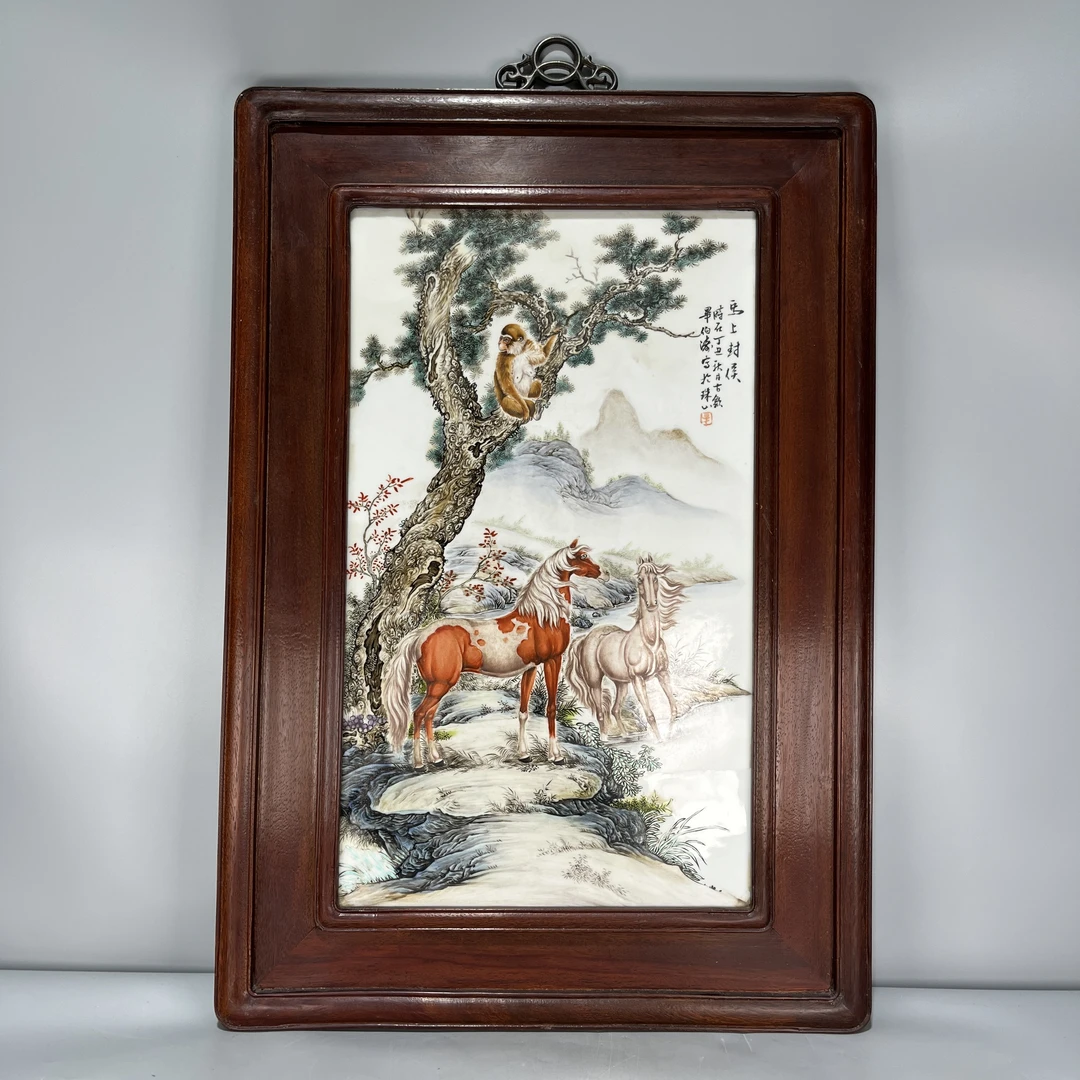 仿古瓷 仿古毕伯涛 粉彩马上封侯瓷板画