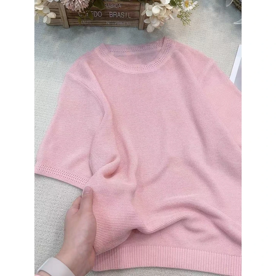 丽丽家~芭蕾粉短袖网红时尚百搭镂空宽松圆领