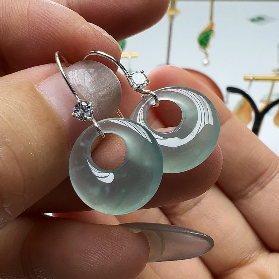 翡翠银S925镶嵌耳饰天然缅甸A货翡翠