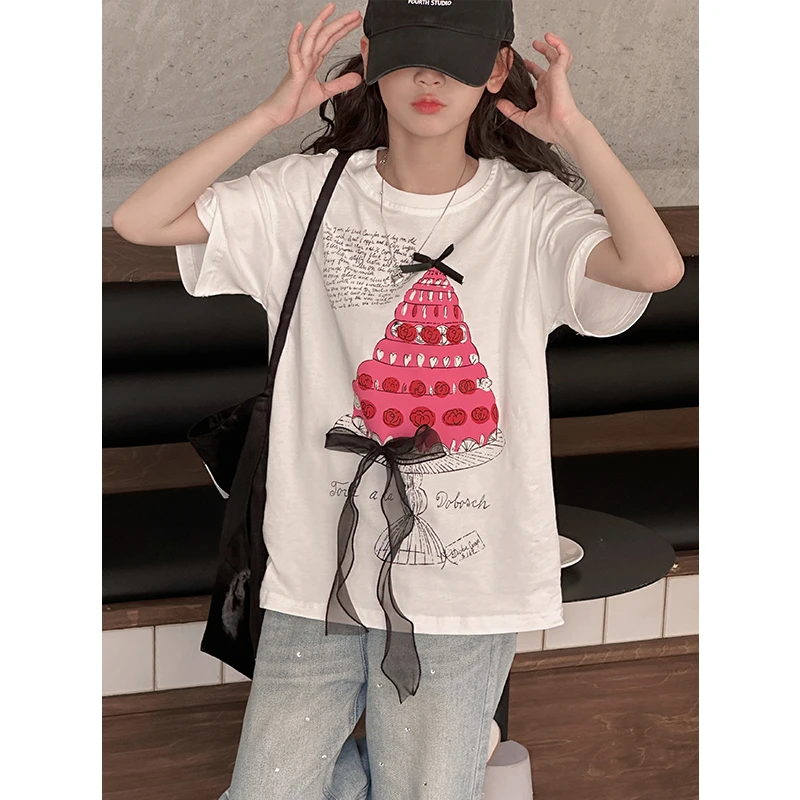 K28151飘带女童短袖T恤2025夏装新款儿童上衣女大童春夏半袖t