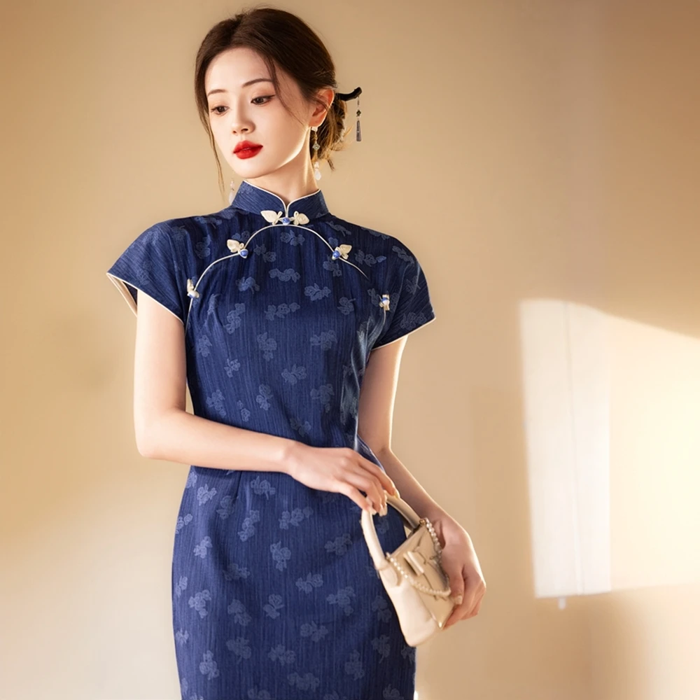 蓝色古法2025春夏季年轻款旗袍民国风优雅气质复古改良连衣裙