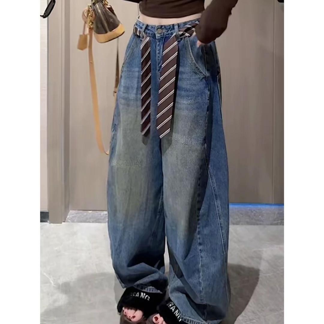 美式复古水洗做旧牛仔裤女2025早秋新款宽松显瘦阔腿裤弯刀拖地裤