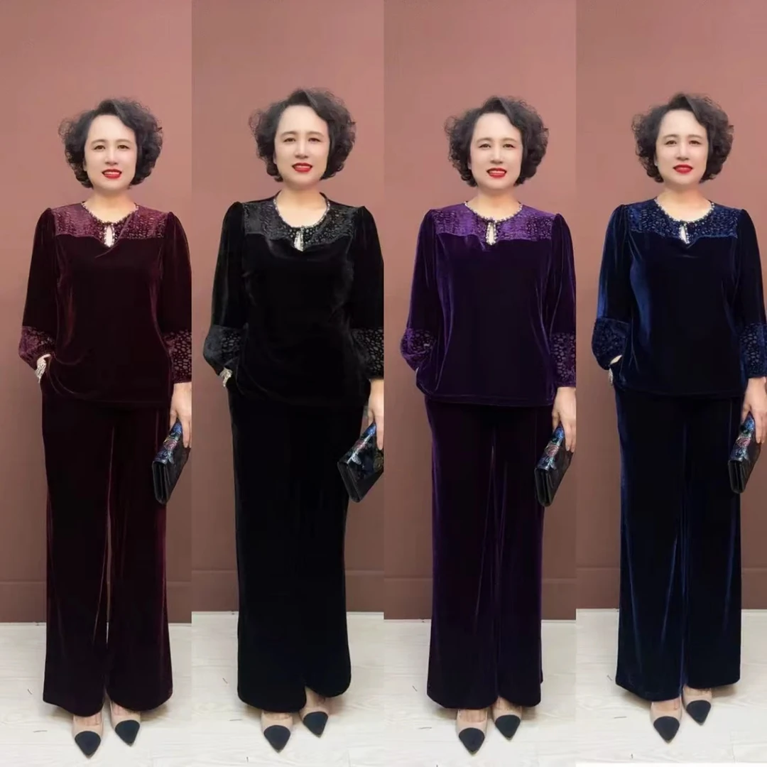 秋季时尚水滴圆领烧花镂空长袖丝绒上衣与裤子套装复古休闲国风