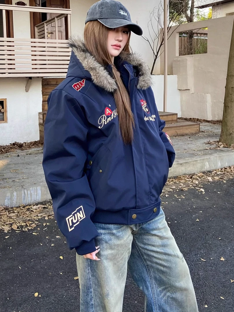 潮牌中性美式复古加绒座山雕男女同款外套可拆卸连帽高级感男装