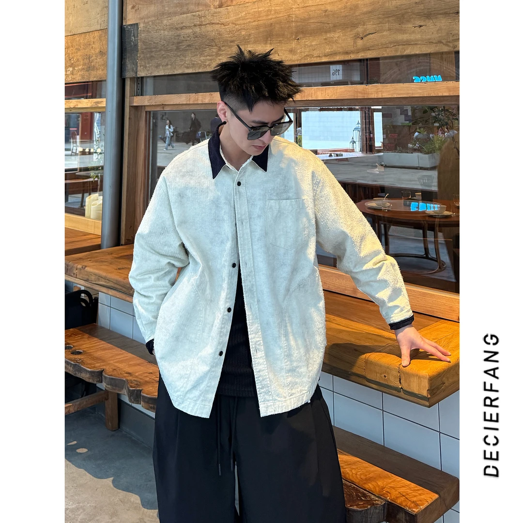 DF【层次感】美式街头风撞色翻领长袖衬衫男春季新款小众衬衣外套