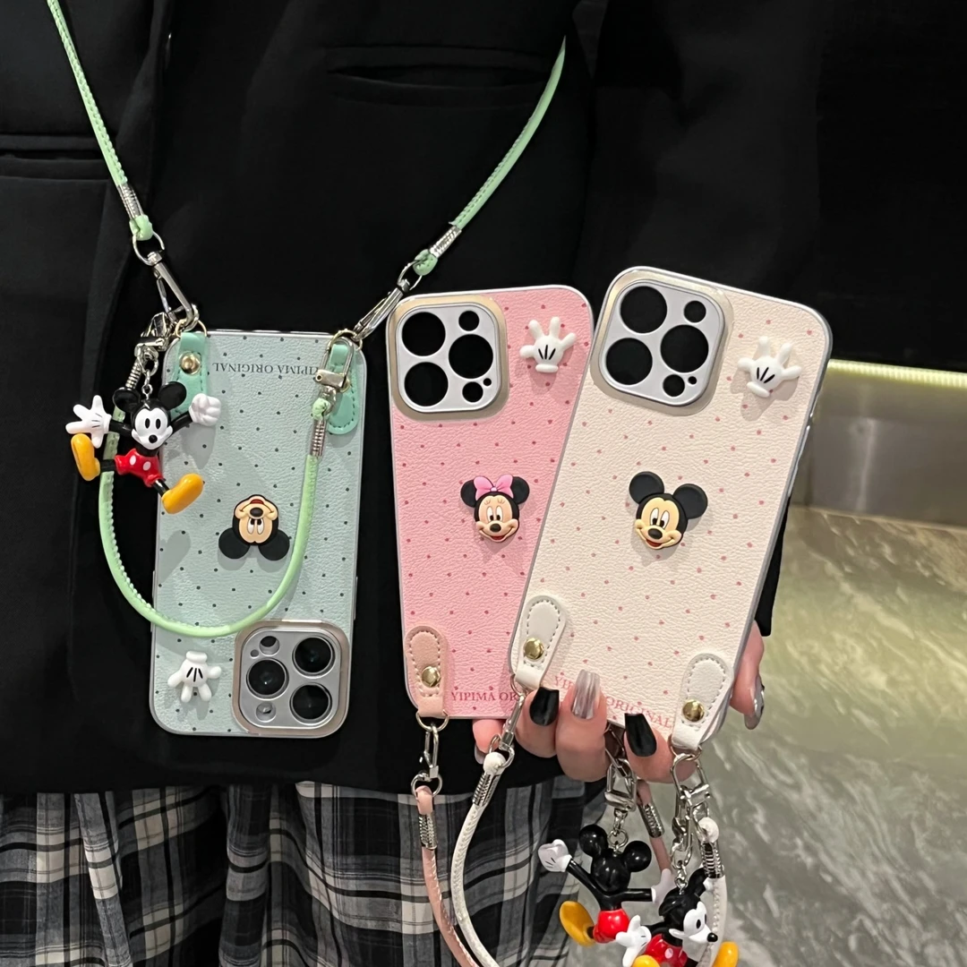 波点米奇手绳斜挎适用iPhone16promax手机壳苹果14背带15pro女13