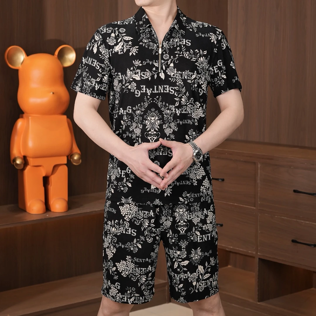 夏季翻领印花圆领短袖薄款T恤套装轻奢时尚百搭透气潮流帅气个性