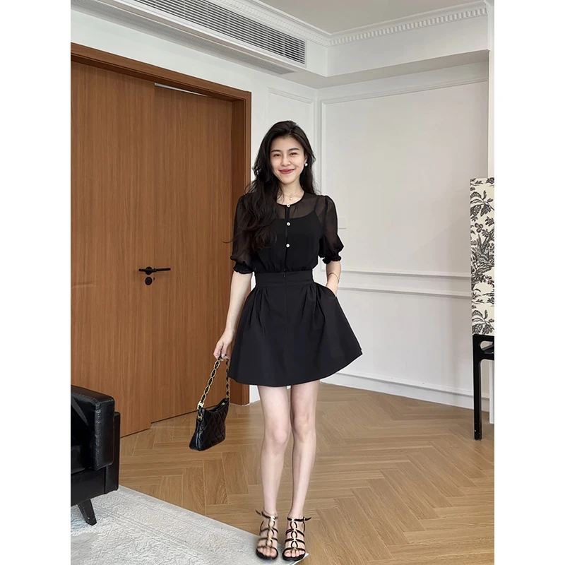 【现货速发】张阿星甜酷通勤假两件连衣裙网纱拼接黑色收腰蓬蓬裙