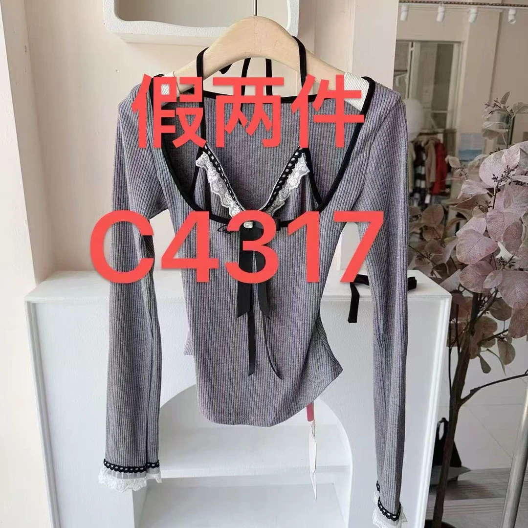 青青大码女装 假两件芭蕾风蕾丝蝴蝶结灰色假两件长袖上衣C4317