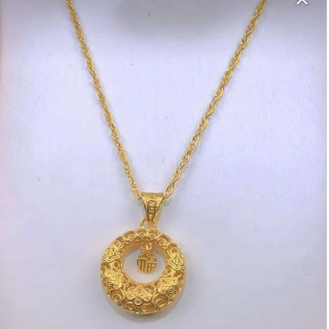 坠链均足银 黄色水波纹+平安扣福字吊坠套链