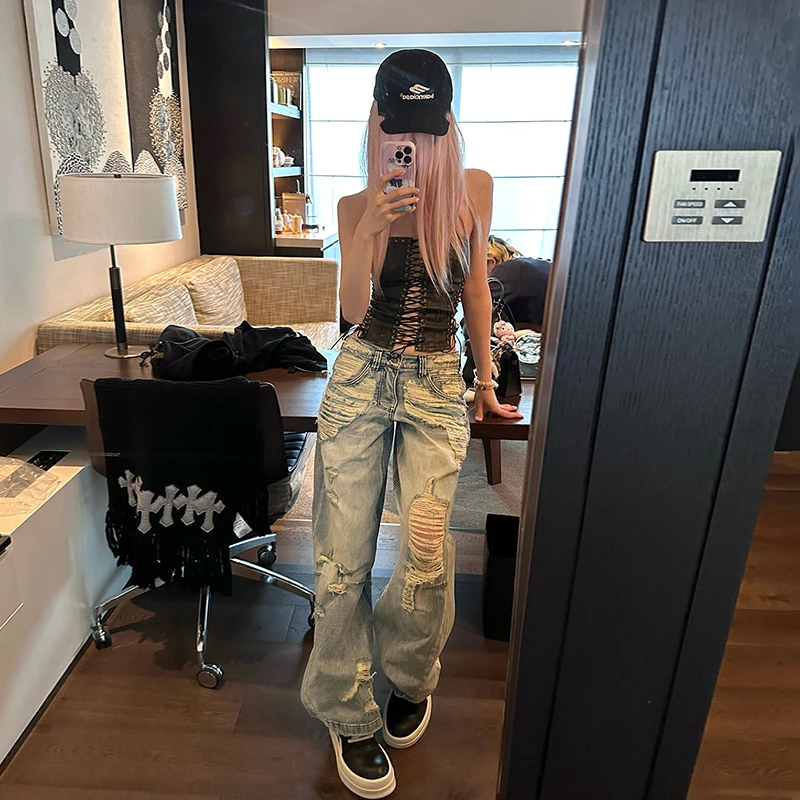 裤长109cm 美式破洞牛仔裤女夏季薄款高腰加长高个子阔腿裤辣妹风