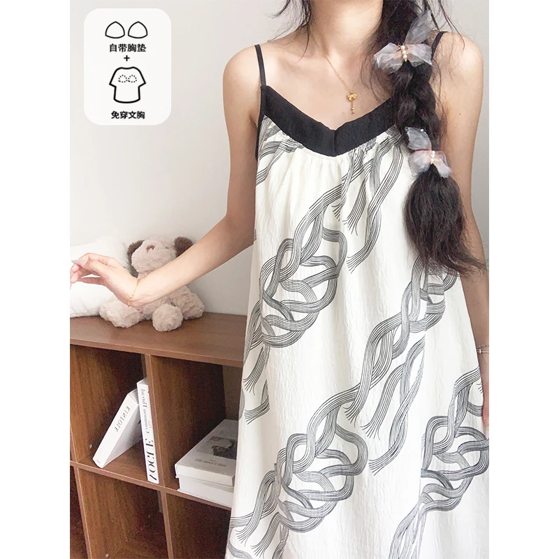 吊带睡裙女夏季带胸垫无袖性感2025新款云朵棉条纹薄款睡衣家居服
