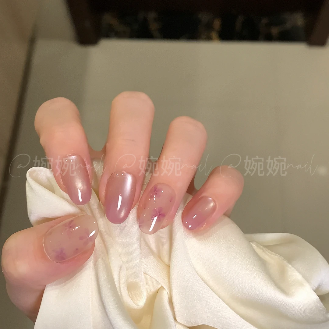 【紫雾花】纯手工手绘水彩花猫眼紫色百搭设计穿戴甲