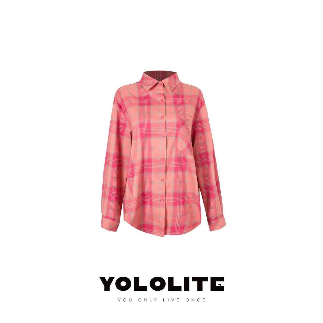 YOLOLITE【微甜百利】2563夏季25年新款粉格子长袖开衫宽松衬衫外套