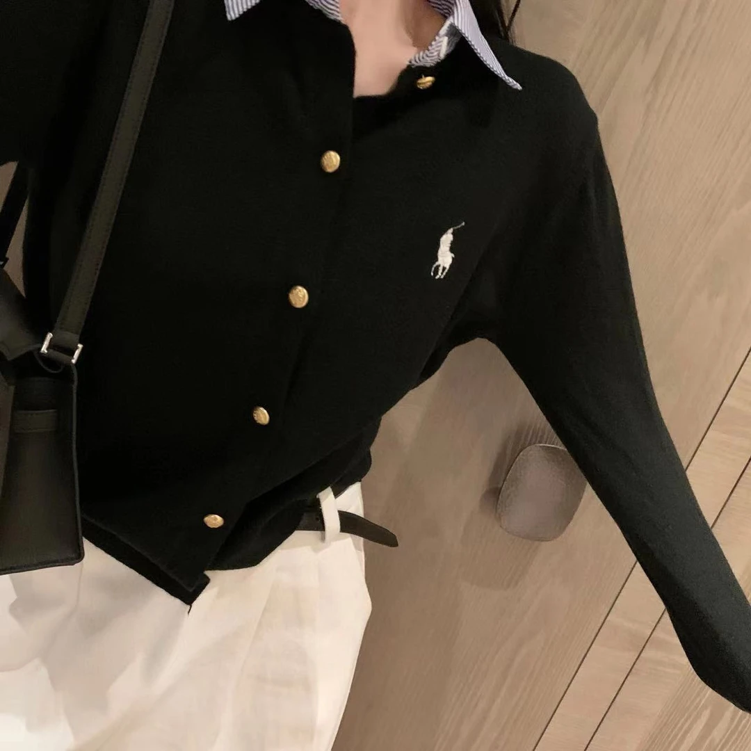 2025秋冬新款拉夫小马刺绣POLO领针织开衫假两件拼接休闲上衣女