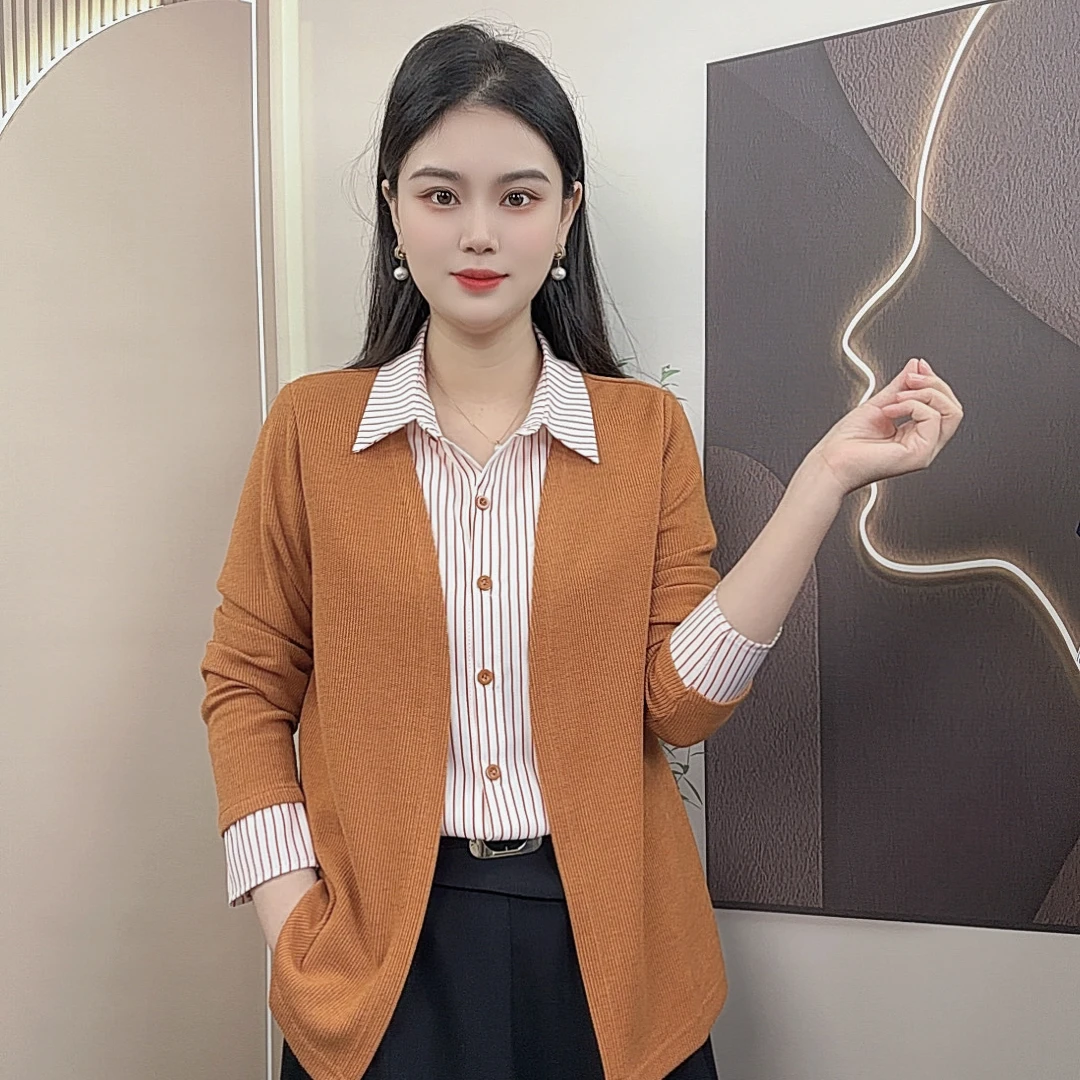 2025条纹秋装长袖衬衫厚款宽松假两件衬衣落肩袖拼接秋季百搭