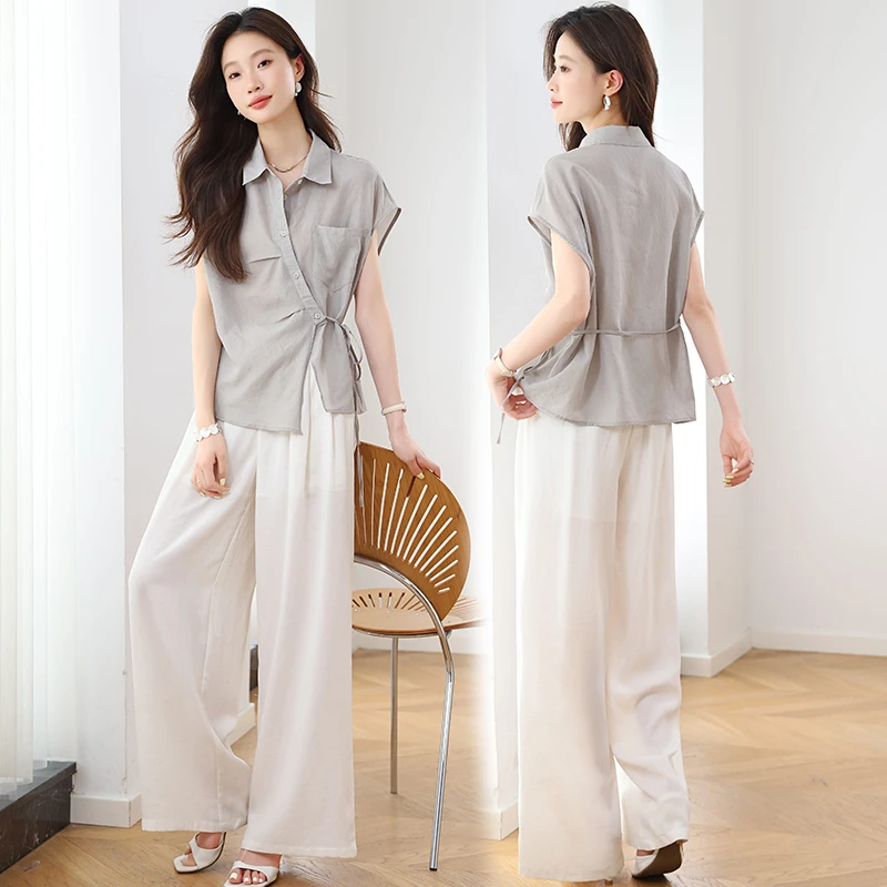 时尚套装女2025夏季新款韩版修身系带衬衫领短款阔腿裤两件套装潮