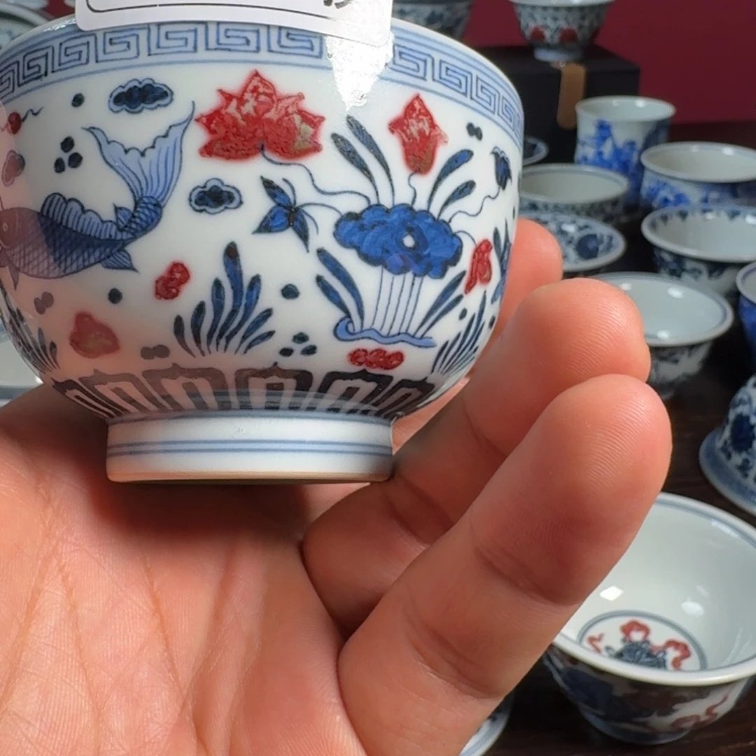 王***也摆件柴窑青花釉里红鱼藻纹