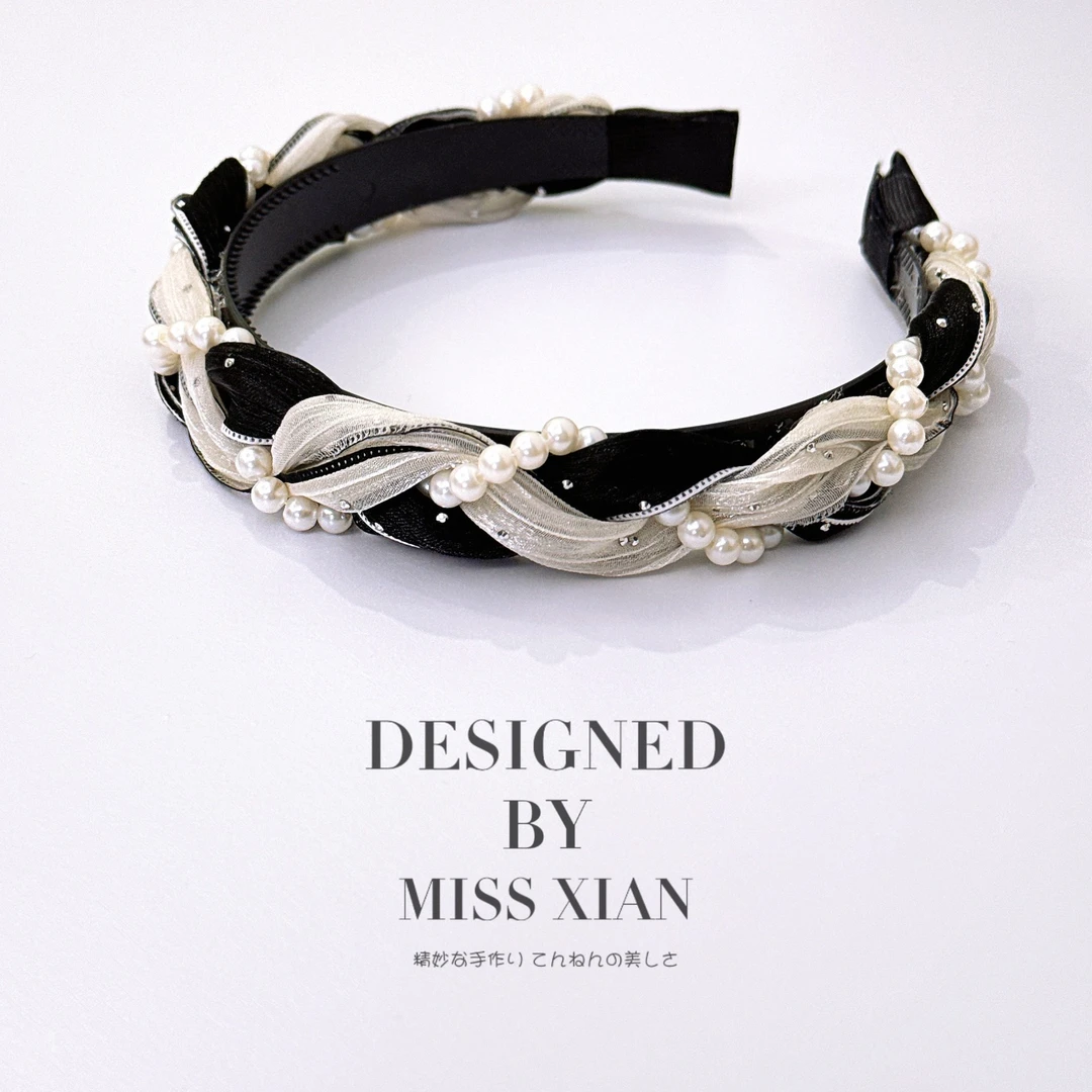 晓艾轻奢【黑与白】气质黑白麻花碎钻网纱高级感超仙百搭优雅头箍