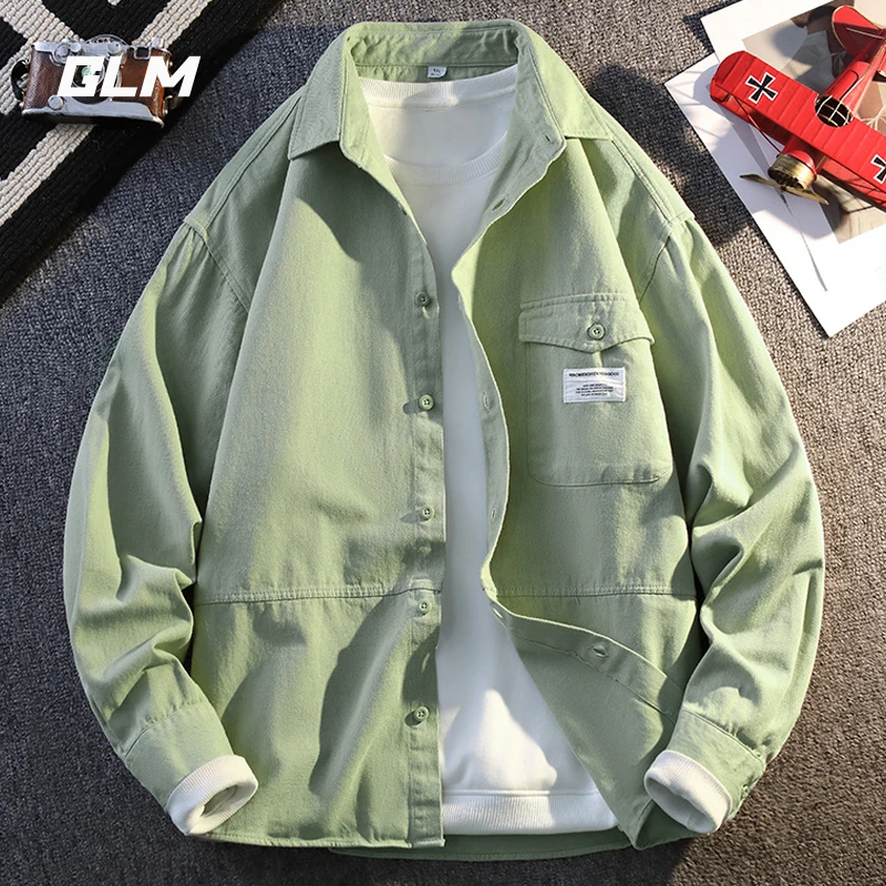 GLM纯棉工装衬衫男春秋季潮流宽松青年休闲百搭纯色简约长袖衬衣