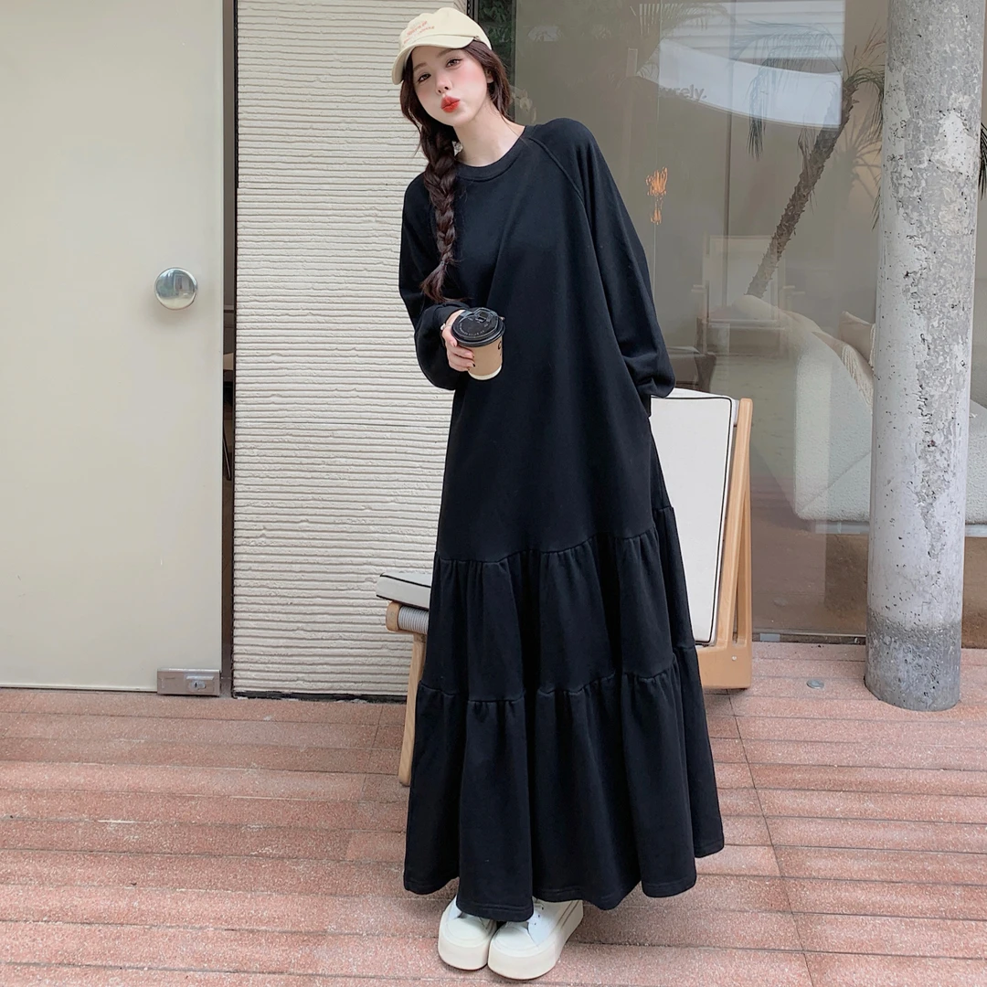 秋季新款韩版小众设计长款拼接荷叶边裙摆卫衣连衣裙女
