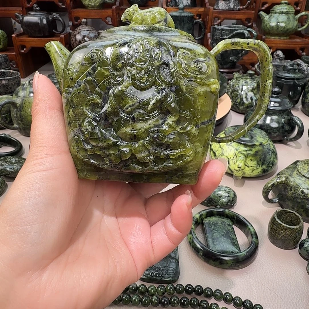 范***爷蛇纹石玉未镶嵌藏玉药王石茶壶