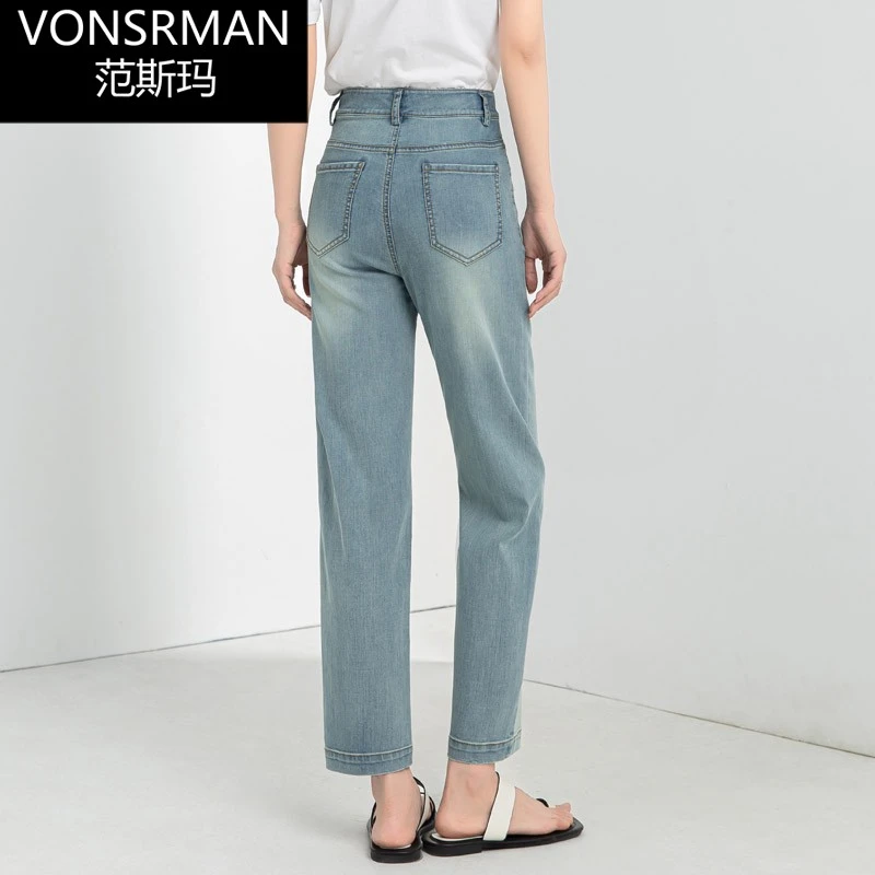 直筒牛仔裤女浅色高腰显瘦法棍裤春夏新款烟管裤复古九分窄版裤子