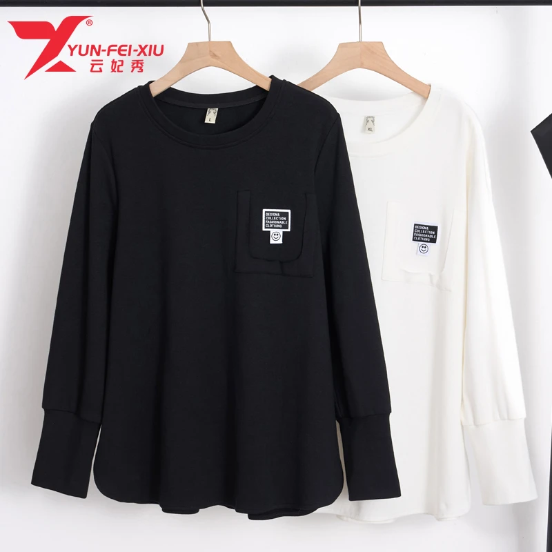 云妃秀大码女装T恤上衣时尚休闲百搭宽松显瘦遮肉纽扣圆领秋19020