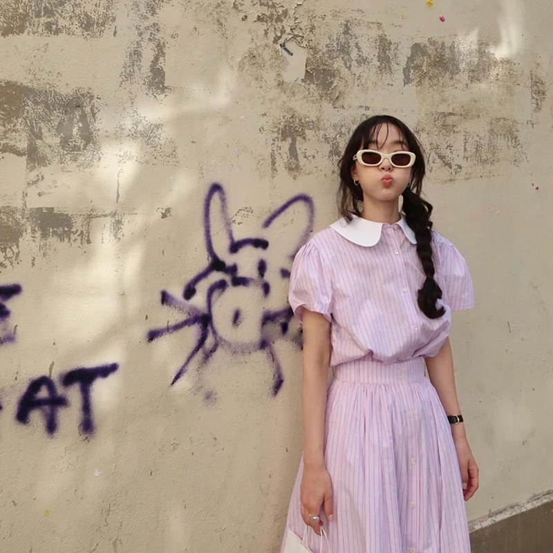 现货 条纹娃娃领短袖衬衫2025韩系东大门春款休闲长裙套装