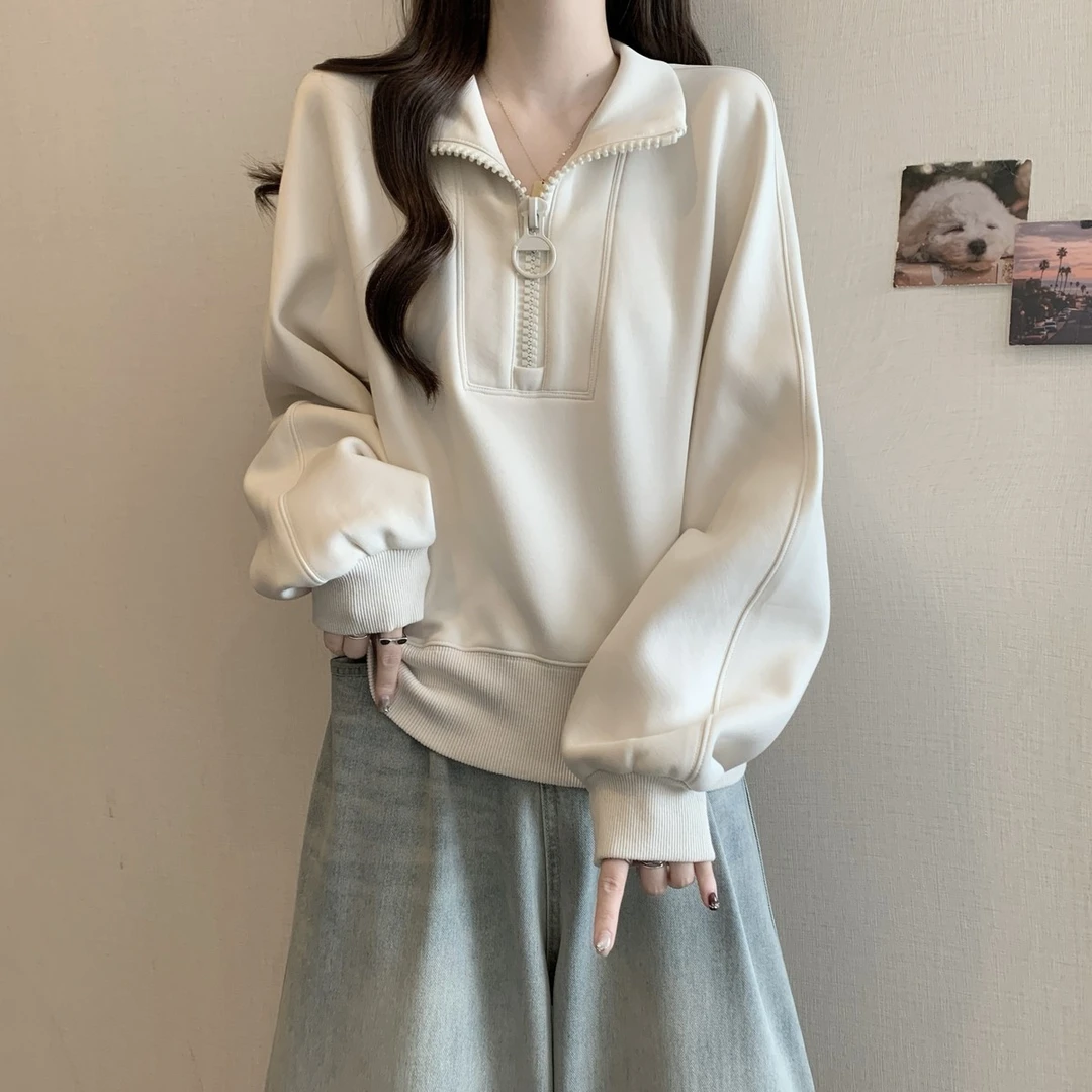半拉链polo领卫衣女春秋大码内搭加厚打底衫胖mm宽松显瘦正肩上衣