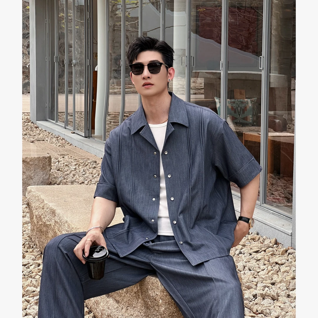 男士夏季新款翻领衬衫套装冰凉垂感高级感休闲时尚宽松潮流薄款