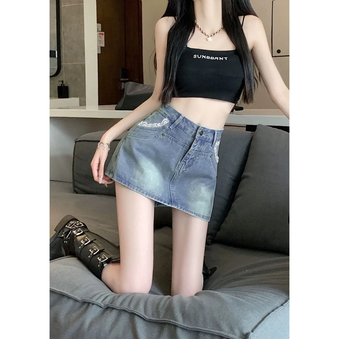 9565微胖mm复古浅蓝蕾丝花边牛仔裙半身裙女短款A字裙高腰裙子