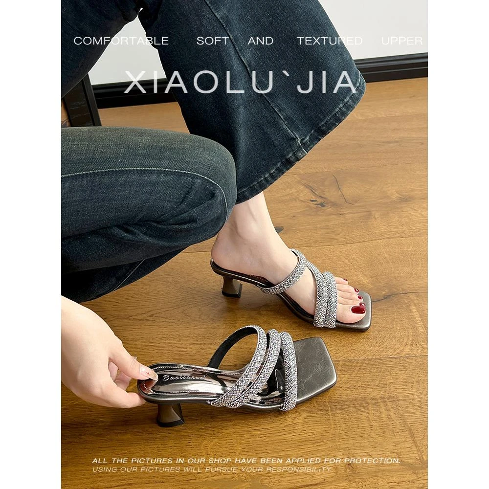 绝美超闪水钻高跟凉拖鞋女夏新款外穿粗跟高级感方头露趾小众凉鞋