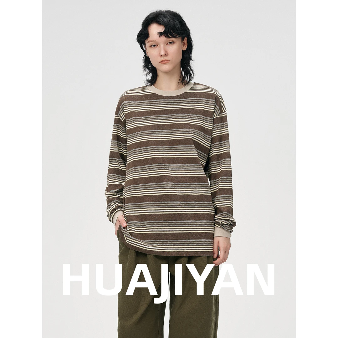 华吉言/HUAJIYAN【板栗】横条纹舒适百搭圆领卫衣