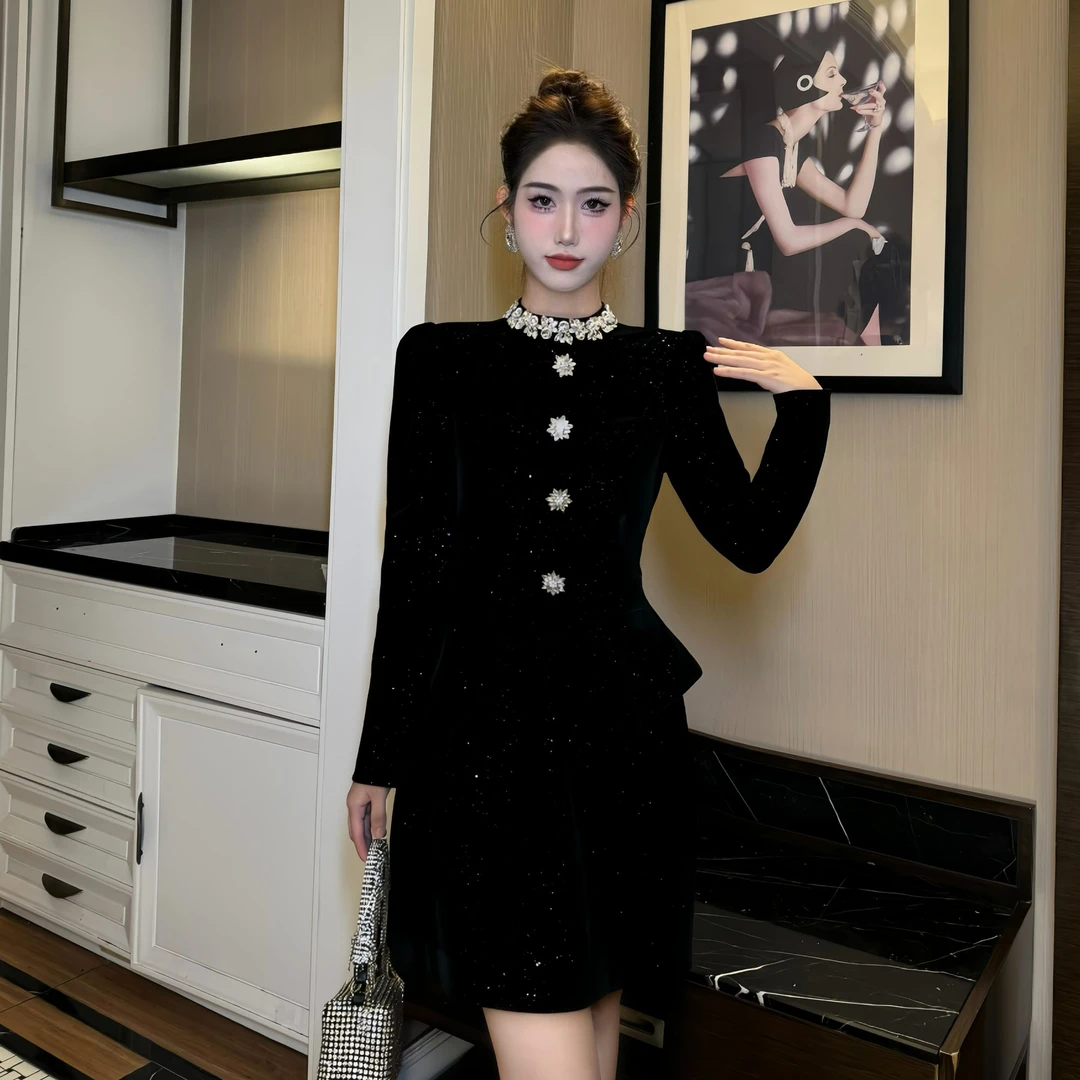 【时时原创】气质复古时尚轻奢假两件法式名媛宴会女神连衣裙15359