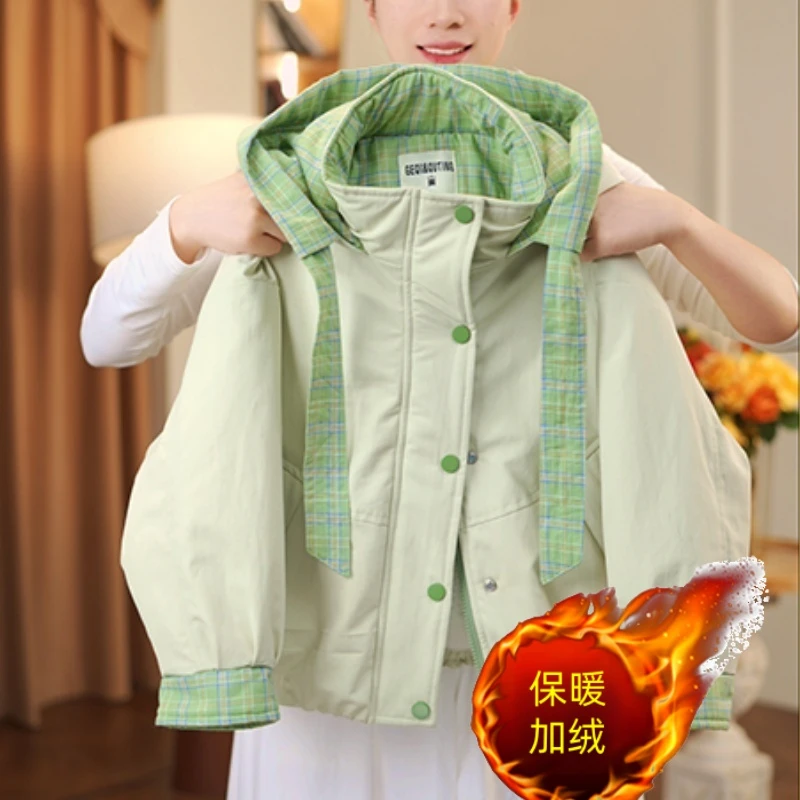 女童加绒外套2025新款秋冬加厚连帽拼接棉服加棉格子拼色棉衣潮