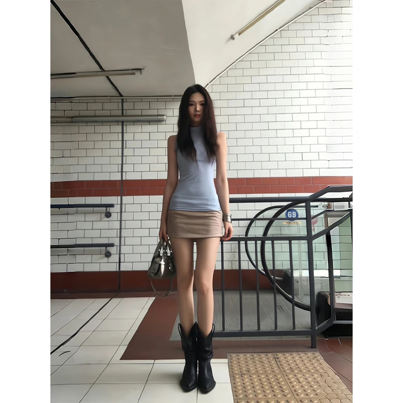 圆领背心外穿收腰显瘦百搭t恤无袖上衣包臀裙百搭辣妹半身裙短裙