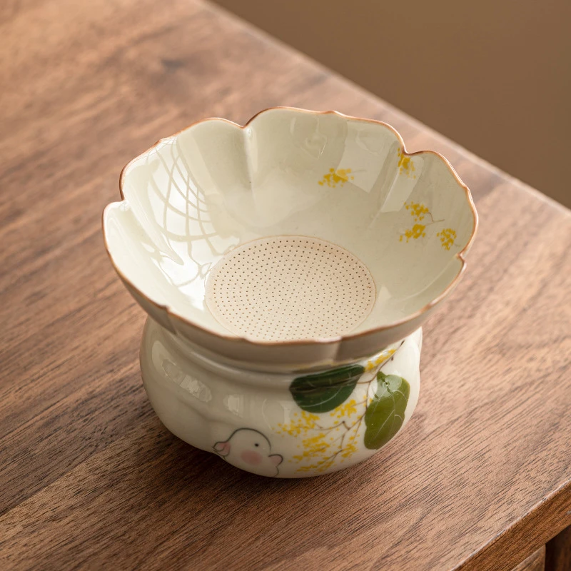 美朵|手绘金桂月兔茶漏套组茶滤网茶隔陶瓷茶水分离器茶具配件