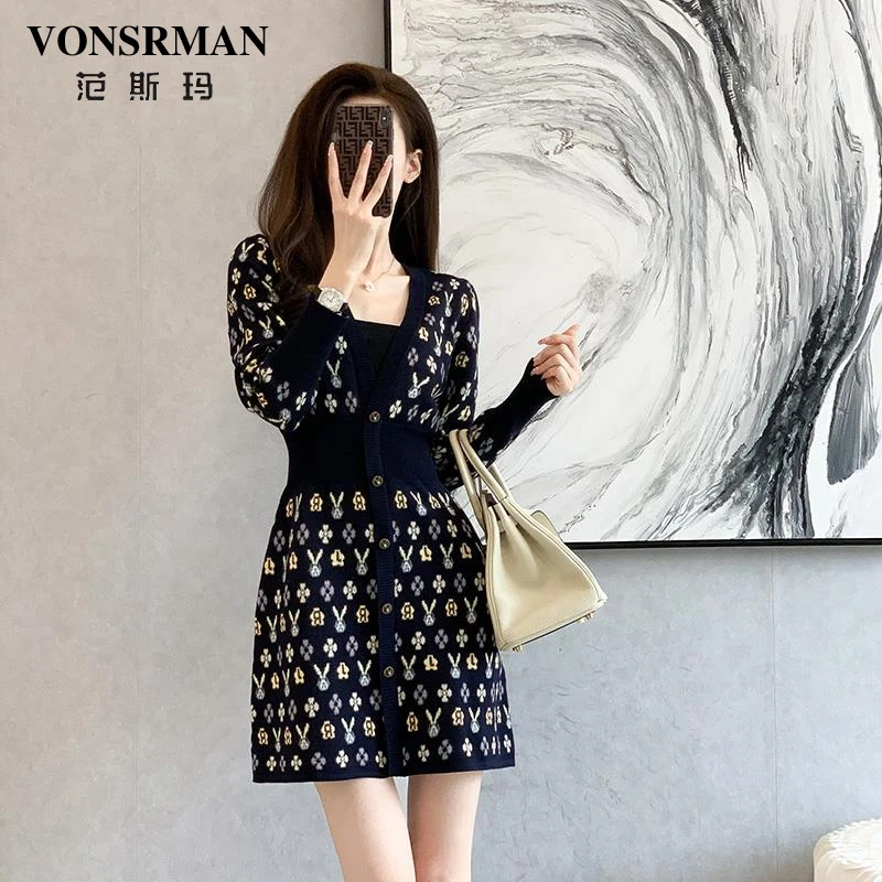 法式小香风长袖针织深V连衣裙女2025春秋新款收腰显瘦碎花打底裙