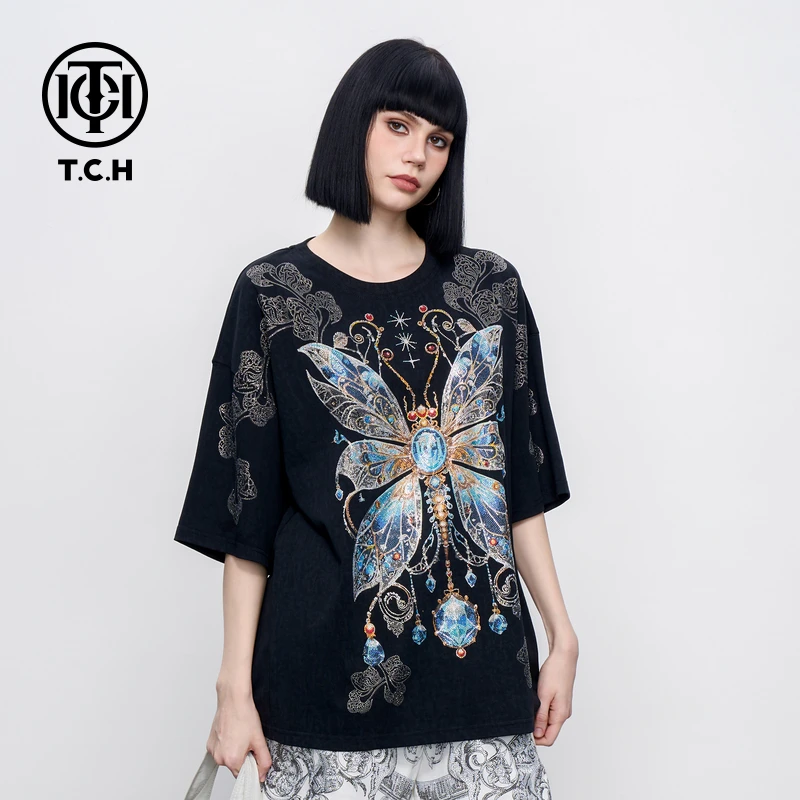 TCH轻奢烫钻工艺时尚休闲蝴蝶复古T恤男女同款T75B106051私服tch