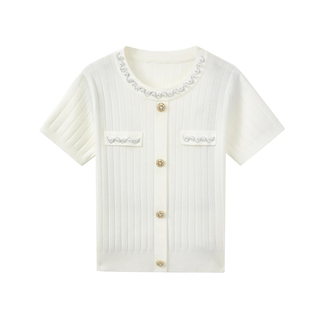 早春新款手工钉珠经典款冰丝纯色圆领小香风短袖C305