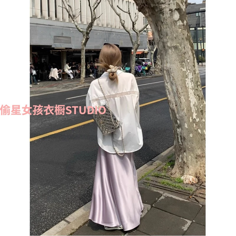 法式醋酸缎面紫色半身裙女夏季垂坠感到脚踝长裙显瘦a字鱼尾长裙