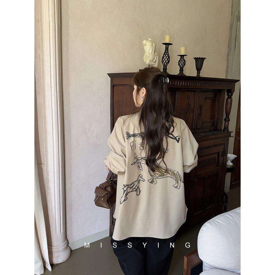 应小姐【小狗骨头】微胖大码秋季韩版显瘦设计宽松涂鸦百搭长袖衬衫