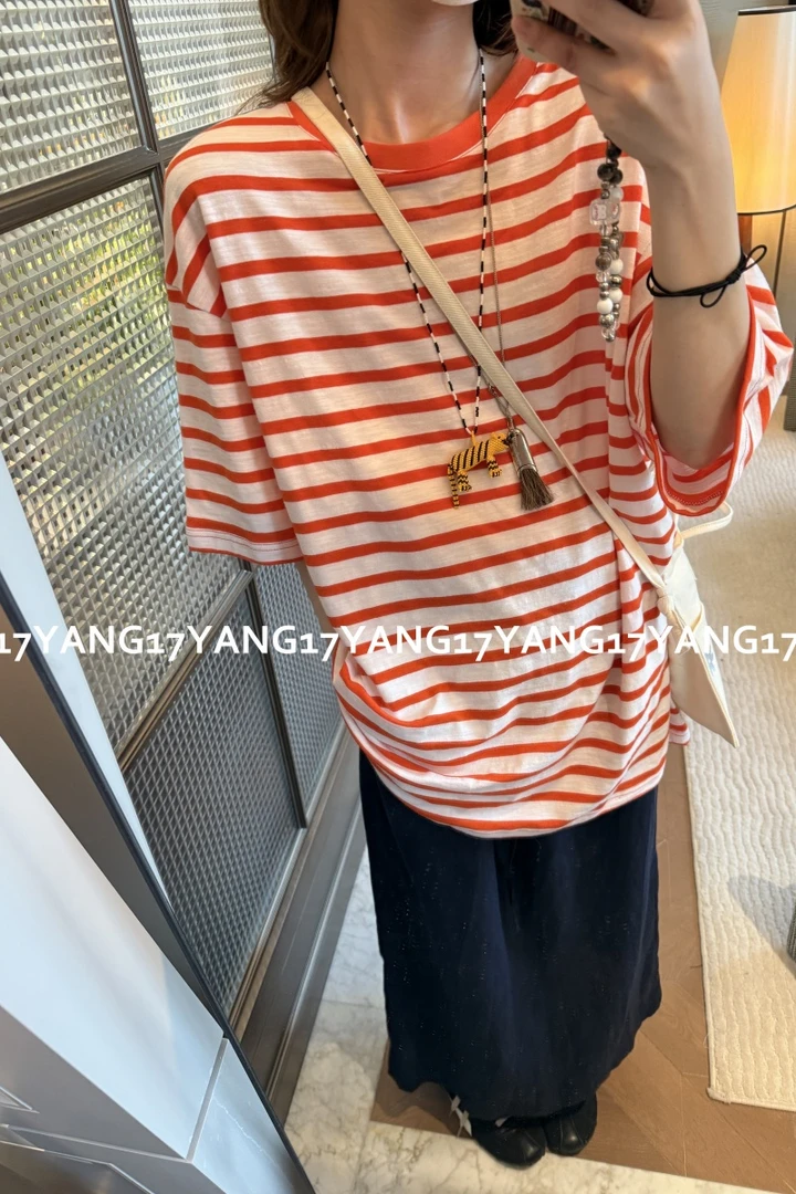 今晚11点特价 橘色白条纹 撞色竹节棉六分袖宽松大T恤女