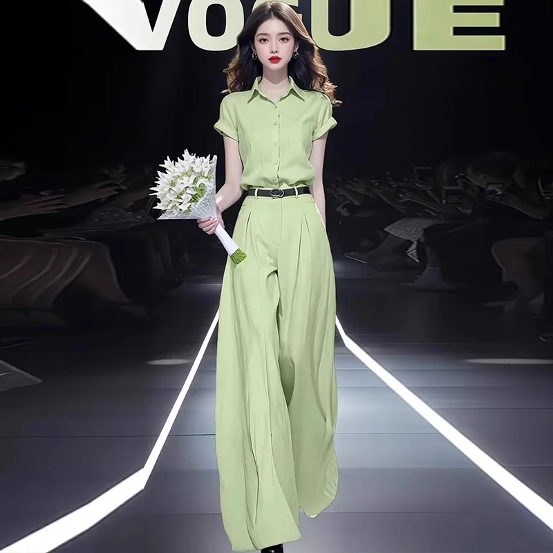 拉夏贝尔时尚套装2025夏季新款时髦短袖衬衫百搭高腰阔腿裤两件套